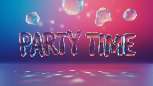 Abstract 3 d party time text with floating bubbles on colorful background