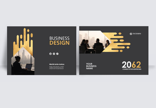 Luxury Modern Corporate Business brochure layout &ndash; Geometric Book Cover Landscape Template gold and black

