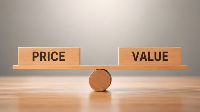 Price and value text on wooden blocks balancing on a seesaw representing business strategy and cost benefit analysis concept