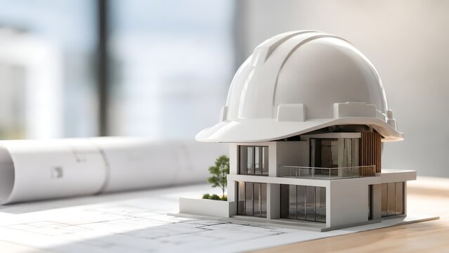 White construction helmet resting on modern house miniature and blueprints representing architectural design and building engineering