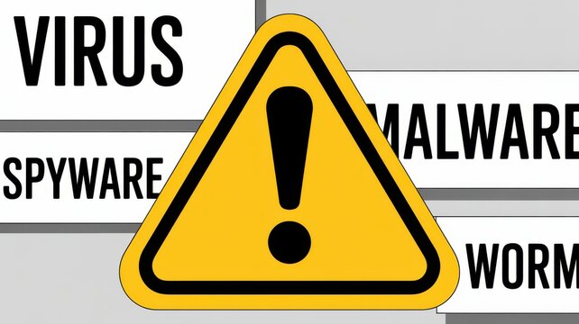 Yellow warning sign with exclamation mark and words virus, spyware, malware, worm