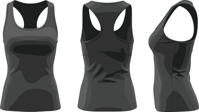 Black athletic tank top mockup illustration showing front back and side views of sports apparel