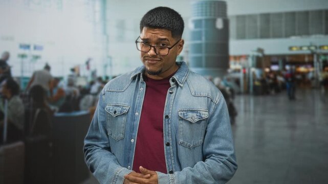 Man with glasses and beard clasping hands in airport terminal wearing denim jacket and maroon shirt; uncertainty patience.