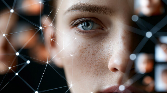 Eine Nahaufnahme eines jungen Gesichts mit blauen Augen zeigt &uuml;berlagerte leuchtende Netzwerklinien und Knotenpunkte als Symbol f&uuml;r digitale Gesichtserkennung