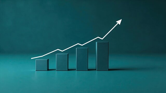 Business growth chart with rising arrow, financial success concept, increasing profit bars, economy statistics, data analysis visualization, corporate strategy planning, upward