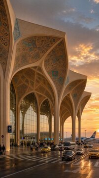 International Airport Terminal Exterior Facade Persian Caravanserai Architecture Sunset