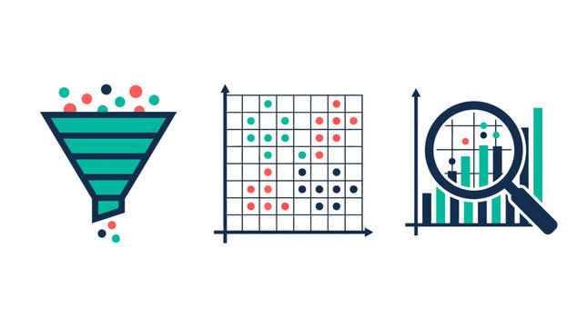 Flat vector icons representing data analysis funnel chart and magnifying glass for modern business marketing