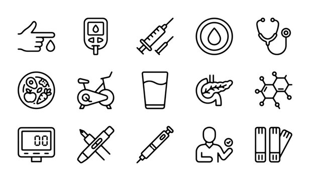 Diabetes Care Icons Set: Blood Glucose Monitoring, Insulin, Healthy Lifestyle, Medical Equipment