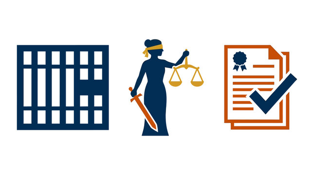Flat vector icons representing legal justice system symbols including prison bars lady justice and documents