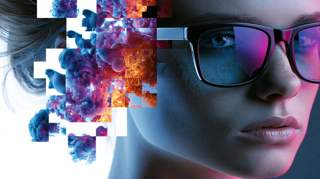 Eine Frau mit Sonnenbrille wird halb in digitale, farbenfrohe Pixelelemente aufgel&ouml;st und symbolisiert virtuelle Realit&auml;t.