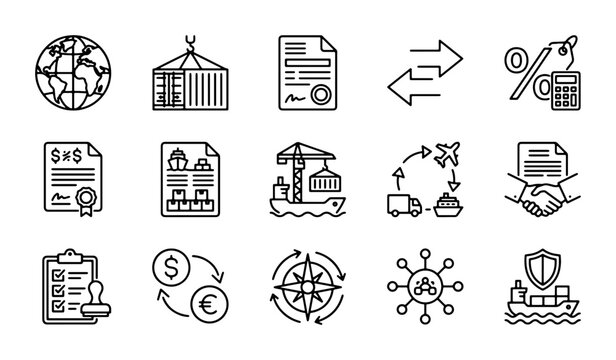 Global Logistics Icons: Shipping, Trade, Finance, Contracts, and Delivery Icons