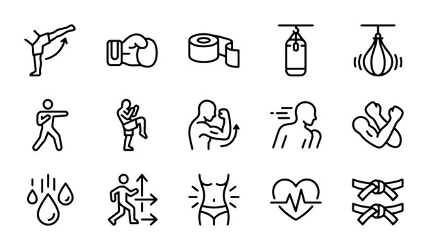 Martial Arts & Boxing Icons: Combat Sports, Fitness, Training, Health, Vector Set
