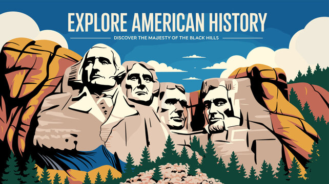 An illustrative depiction of Mount Rushmore, showcasing the carved faces of four U.S. presidents amidst the scenic Black Hills, with a banner promoting American history exploration.