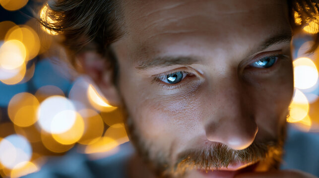Extremer Nahausschnitt des Gesichts eines Mannes mit leuchtend blauen Augen vor verschwommenem Bokeh-Hintergrund
