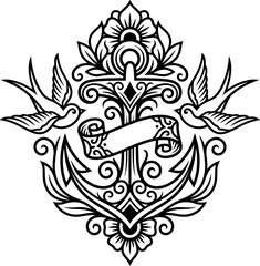 Fototapeta premium Elegant Heraldic Crest with Doves and Floral Ornament in Monochrome Line Art Style. Detailed black and white heraldic emblem featuring two doves and a floral motif in ornate design.