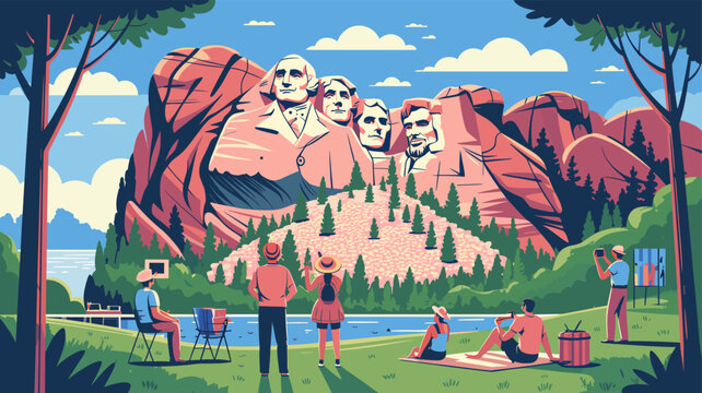 Tourists admire the majestic Mount Rushmore National Memorial, a colossal sculpture of four U.S. presidents carved into a granite mountain, surrounded by lush greenery and a serene lake.