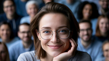 Obraz premium Lächelnde junge Frau mit Brille sitzt in einer Gruppe von Menschen und stützt ihr Kinn auf die Hand