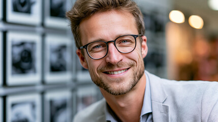Obraz premium Porträt eines freundlich lächelnden Mannes mit Brille in hellem Sakko vor unscharfem Hintergrund mit gerahmten Bildern