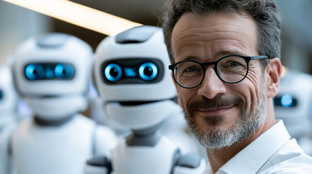 L&auml;chelnder Mann mit Brille steht vor einer Gruppe wei&szlig;er humanoider Roboter