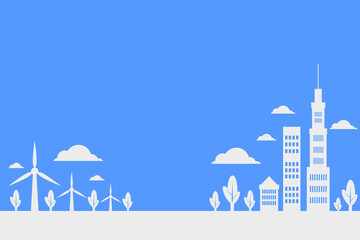 Naklejka premium Minimalist silhouette of a city and industrial landscape in monochromatic blue tones. Includes modern skyscrapers, windmills, and trees against a solid blue sky background