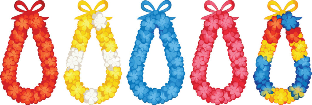 Colorful tropical flower lei garland collection with festive Hawaiian floral necklaces isolated on white background