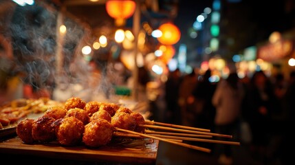 Fototapeta premium Crispy fried fish balls on sticks at a lively street food market in Taipei