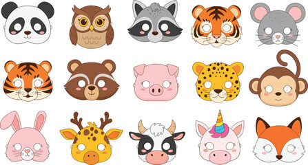 Cute cartoon animal face collection featuring panda tiger fox rabbit monkey and other adorable characters © Prodip