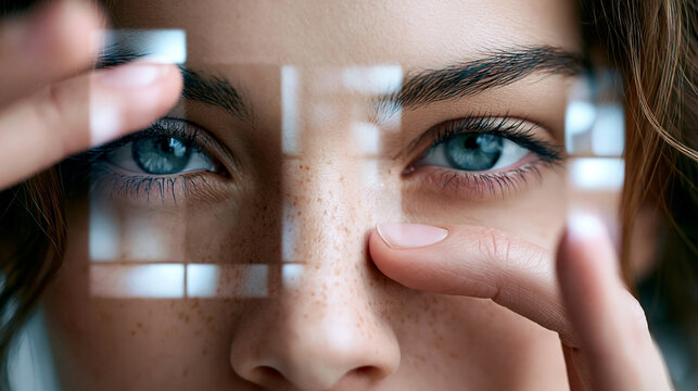 Nahaufnahme eines Frauengesichts mit intensiven blauen Augen und einem digitalen Scan-Raster &uuml;ber dem Gesicht