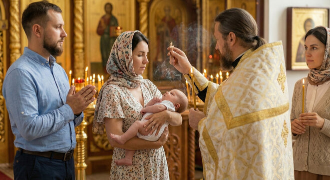 Orthodox baptism ceremony priest censes newborn baby held by mother in headscarf father praying lit candles icons golden vestments church sacrament concept.
