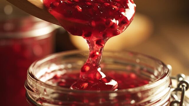 Fresh Homemade Raspberry Jam Dripping from Wooden Spoon into Jar