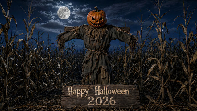Scarecrow in Cornfield Under Full Moon &ndash; Classic Spooky Halloween Scarecrow Scene