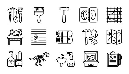 Paleontology Icons Set: Dinosaur Fossils, Tools, Research, Geology, Archaeology Vector Graphics © Emran