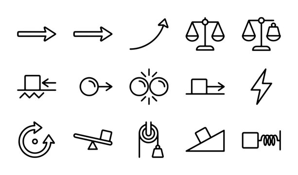 Physics Icons Set: Motion, Force, Energy, Balance, Mechanics Concepts Vector Graphics