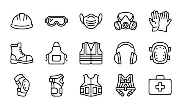 Safety Gear Icons Set: Hard Hat, Goggles, Masks, Gloves, Boots, Vest, Knee Pads, First Aid Kit