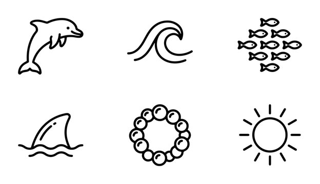 Ocean Icons Set: Dolphin, Wave, Fish School, Shark Fin, Pearl Necklace, Sun Graphics