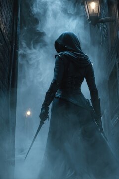 Hooded female assassin stepping through smoky haze with a dagger in a dark fantasy scene