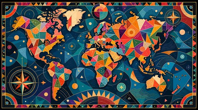 Vibrant Geometric World Map with Compass Rose and Celestial Motifs.
