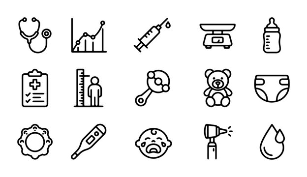 Pediatric Healthcare Icons: Baby Care, Medical Instruments, Growth Chart, 15 Vector Elements