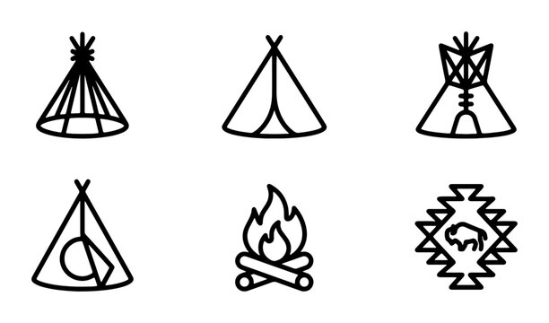 Native American Teepee Icons, Campfire, Buffalo Symbol, Indigenous Culture Vector Set