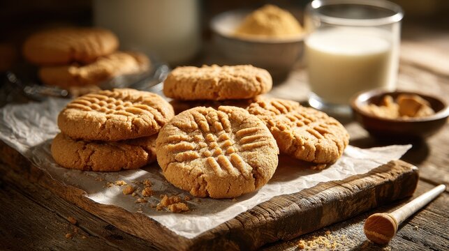 Golden peanut butter cookies with fork marks, cozy home baking scene