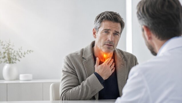 Man patient consulting doctor about severe sore throat pain. Patient touching neck showing inflammation area. Medical examination for throat infection, laryngitis or thyroid disease concept.