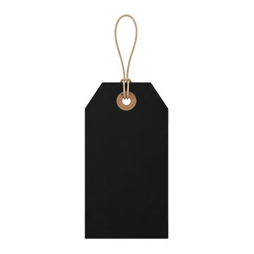 Blank rectangular black paper gift tag with natural jute twine string for retail pricing and product labeling on merchandise and accessories isolated on a transparent background