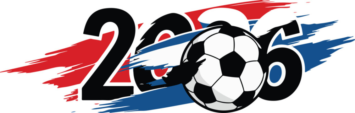 A stylized graphic design featuring the year two thousand and six with a soccer ball replacing the zero against a red and blue background