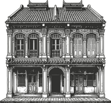 Ornate colonial townhouse with detailed facade and tiled roof, architectural illustration