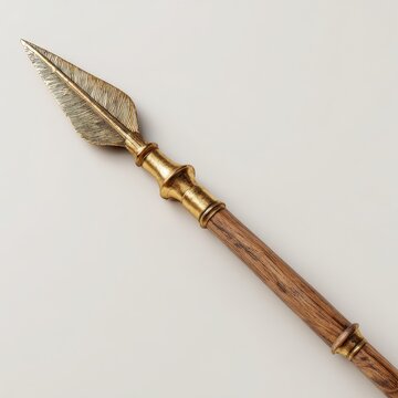 Ancient Greek spear on a white background: detailed 3D render of bronze spearhead and wooden shaft