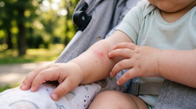Toddler scratching a mosquito bite on the arm in a stroller outdoors. Close-up of irritated skin from an insect bite, childhood itching, allergic reaction, and summer mosquito exposure
