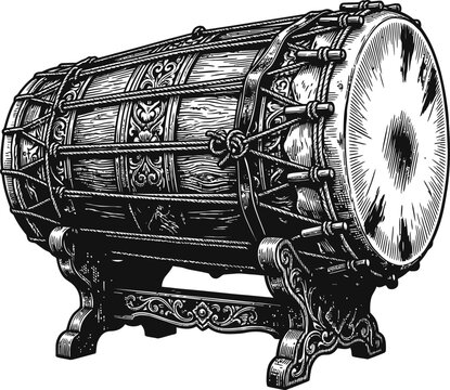 Traditional Indonesian gamelan drum, detailed line art illustration, cultural music instrument, ensemble percussion, rhythmic beat, performance, traditional ceremony