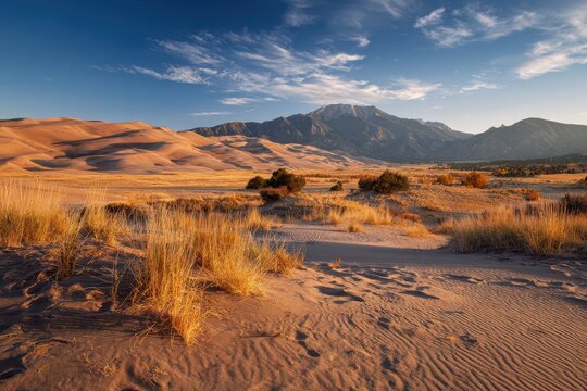 Golden hour landscape of Great Sand Dunes National Park, Colorado with wind-sculpted dunes and distant mountains