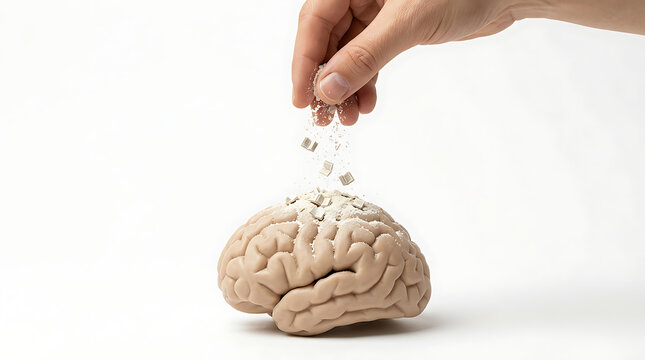 A hand dropping medication onto a brain model indoors.