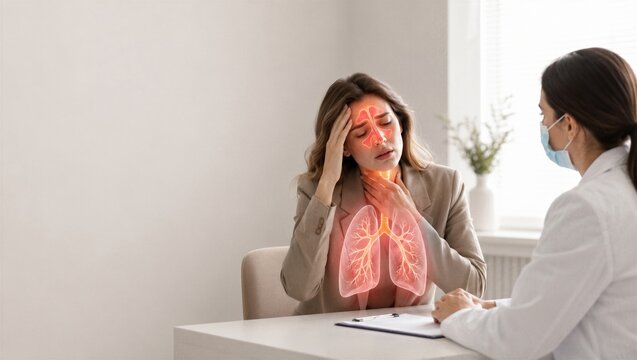 Woman patient with headache and lung pain visiting doctor. Medical consultation for respiratory infection and sinusitis symptoms. Healthcare diagnosis of virus illness and health issue.